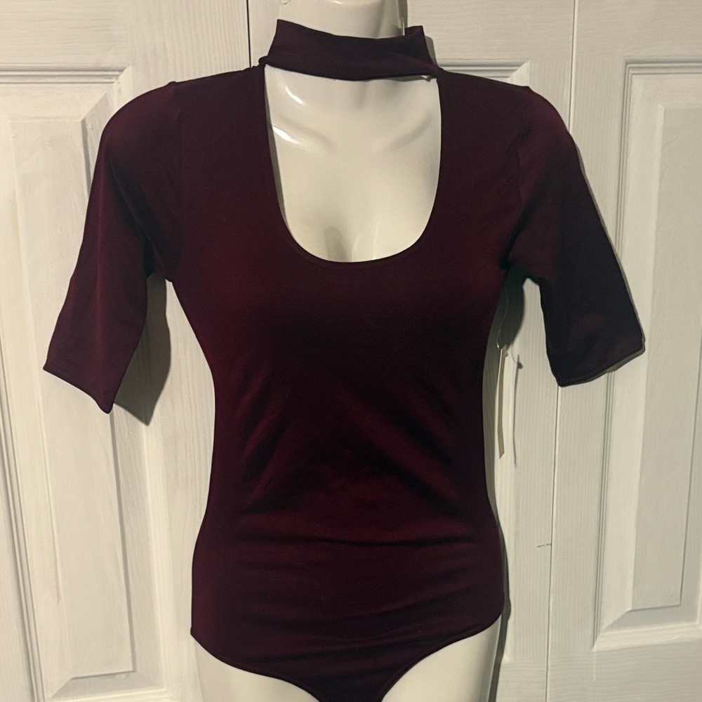Women’s Choker Scoop Neck Burgundy Bodysuit